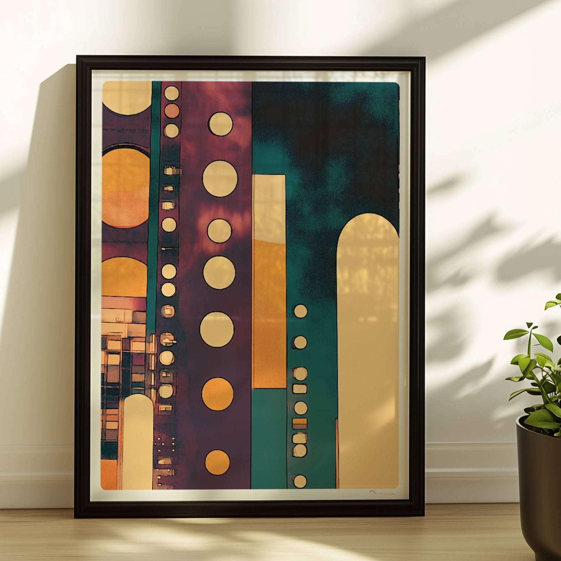 Geometrische Hochhausfassaden mit großen Punkten und modernen Linien in Türkis und Orange. Rahmen schwarz 30x40
