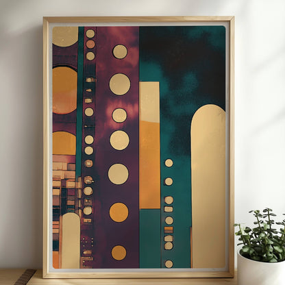 Geometrische Hochhausfassaden mit großen Punkten und modernen Linien in Türkis und Orange. Rahmen natur 50x70