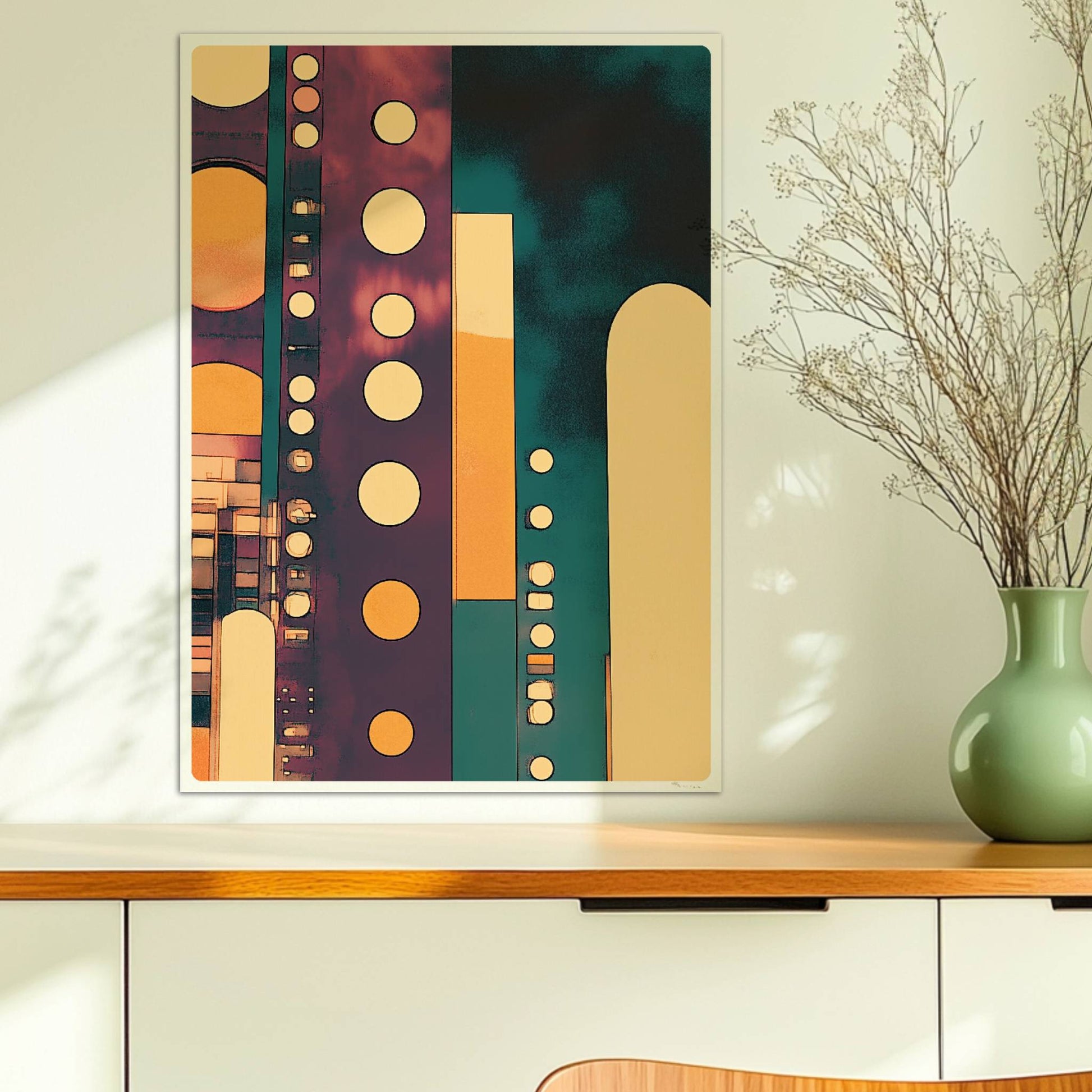 Geometrische Hochhausfassaden mit großen Punkten und modernen Linien in Türkis und Orange. Ohne Rahmen 50x70