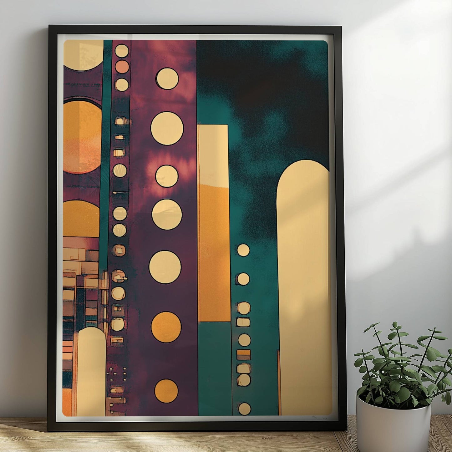 Geometrische Hochhausfassaden mit großen Punkten und modernen Linien in Türkis und Orange. Rahmen schwarz 50x70