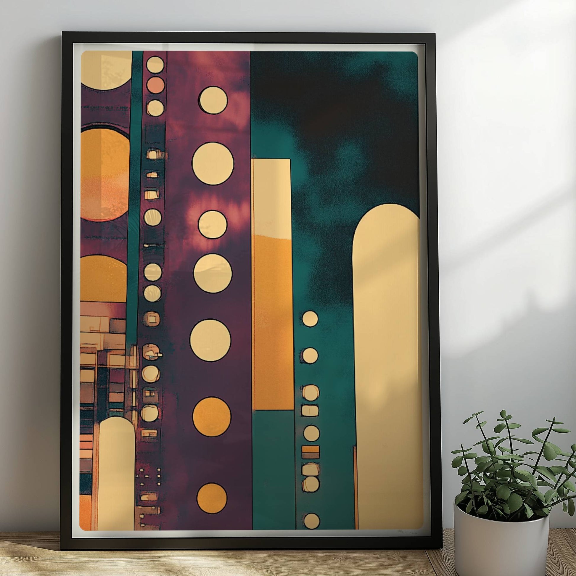 Geometrische Hochhausfassaden mit großen Punkten und modernen Linien in Türkis und Orange. Rahmen schwarz 50x70