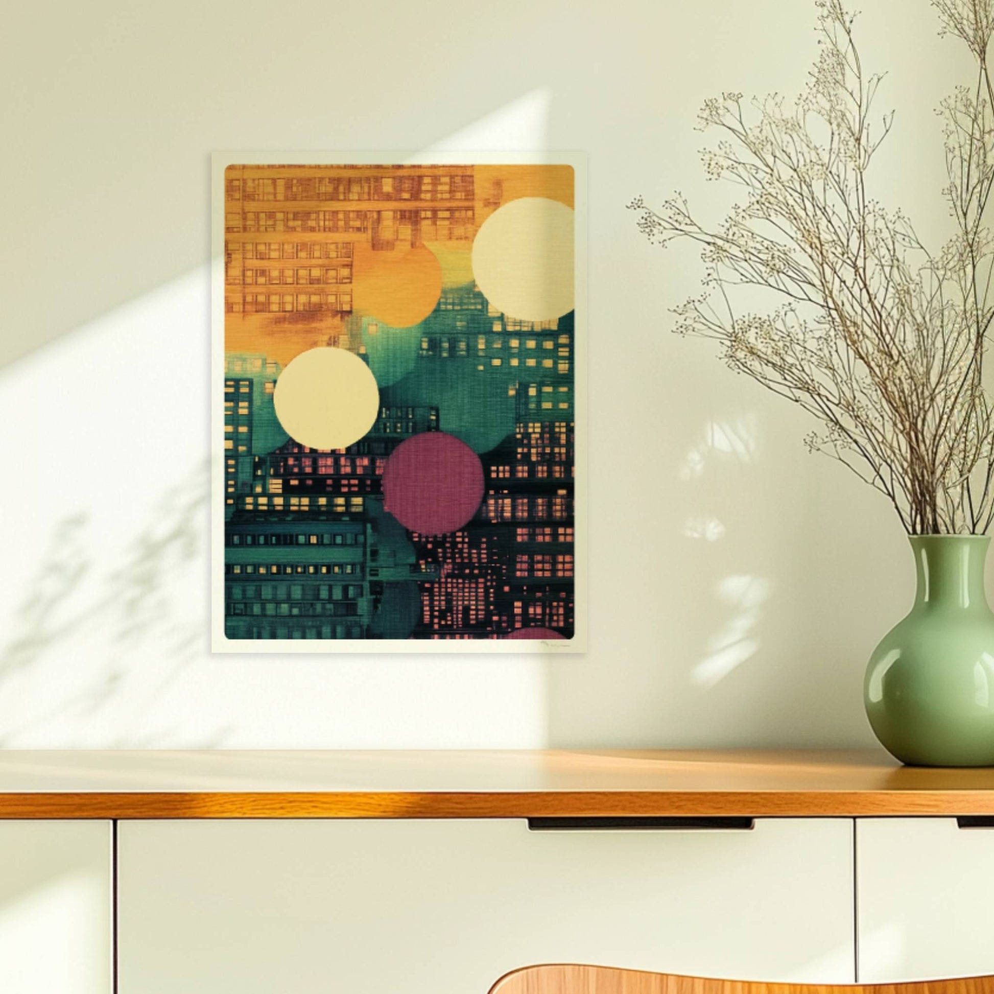 Abstraktes Stadtbild mit Punkten und Gebäudeformen in leuchtenden Farben. Ohne Rahmen 30x40