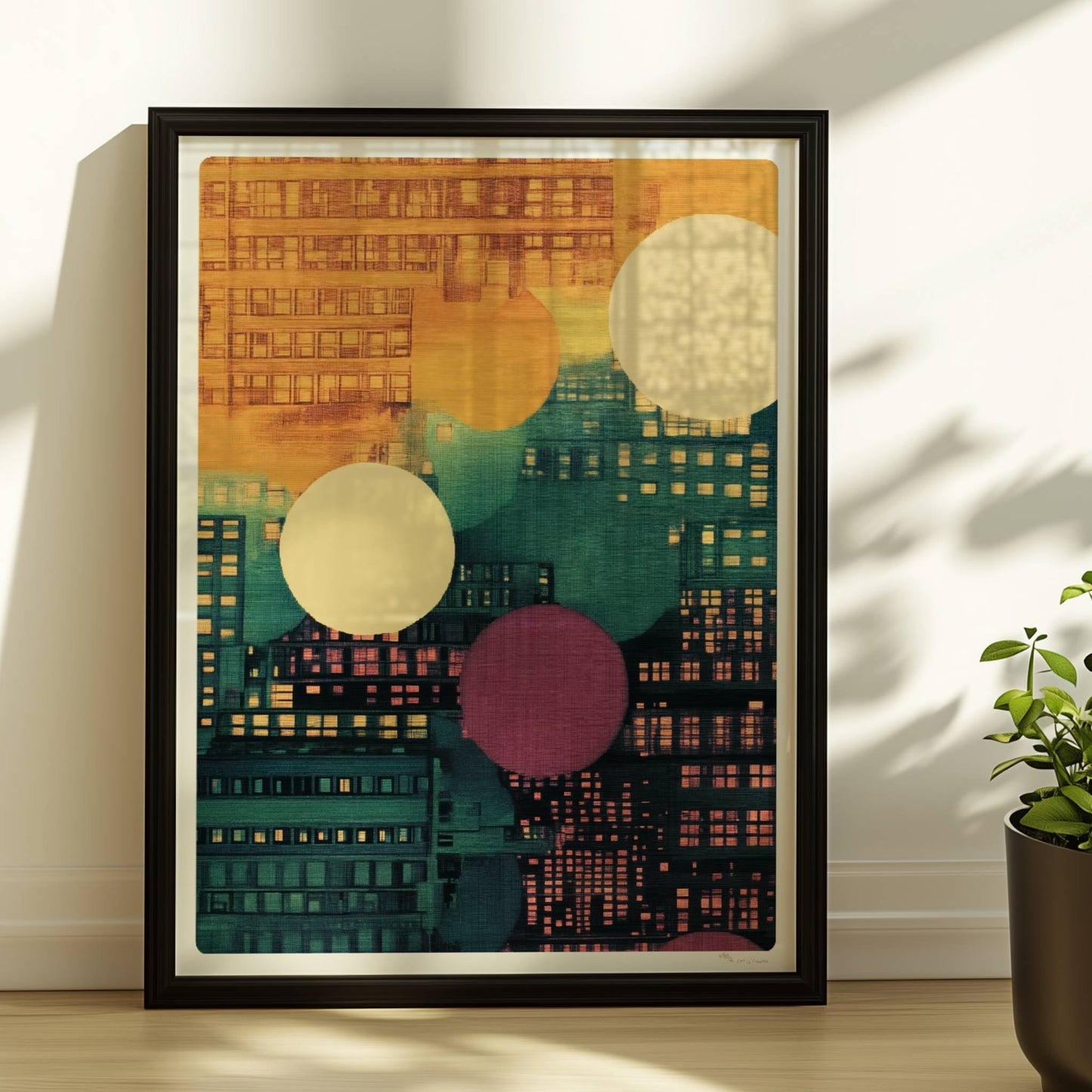Abstraktes Stadtbild mit Punkten und Gebäudeformen in leuchtenden Farben. Rahmen schwarz 30x40