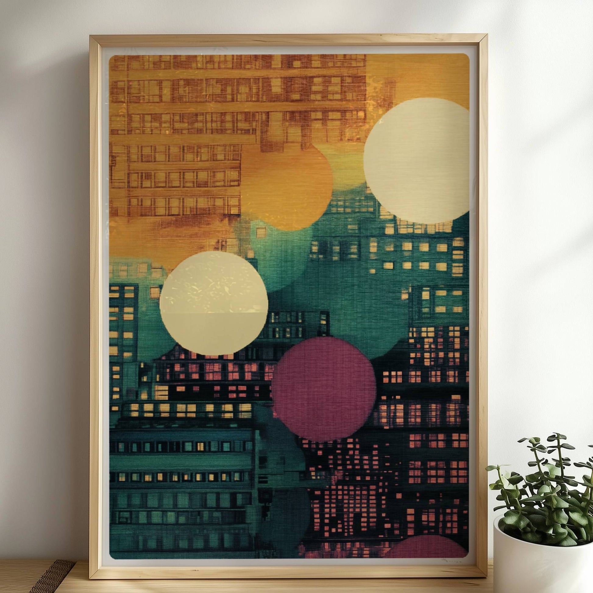 Abstraktes Stadtbild mit Punkten und Gebäudeformen in leuchtenden Farben. Rahmen natur 50x70