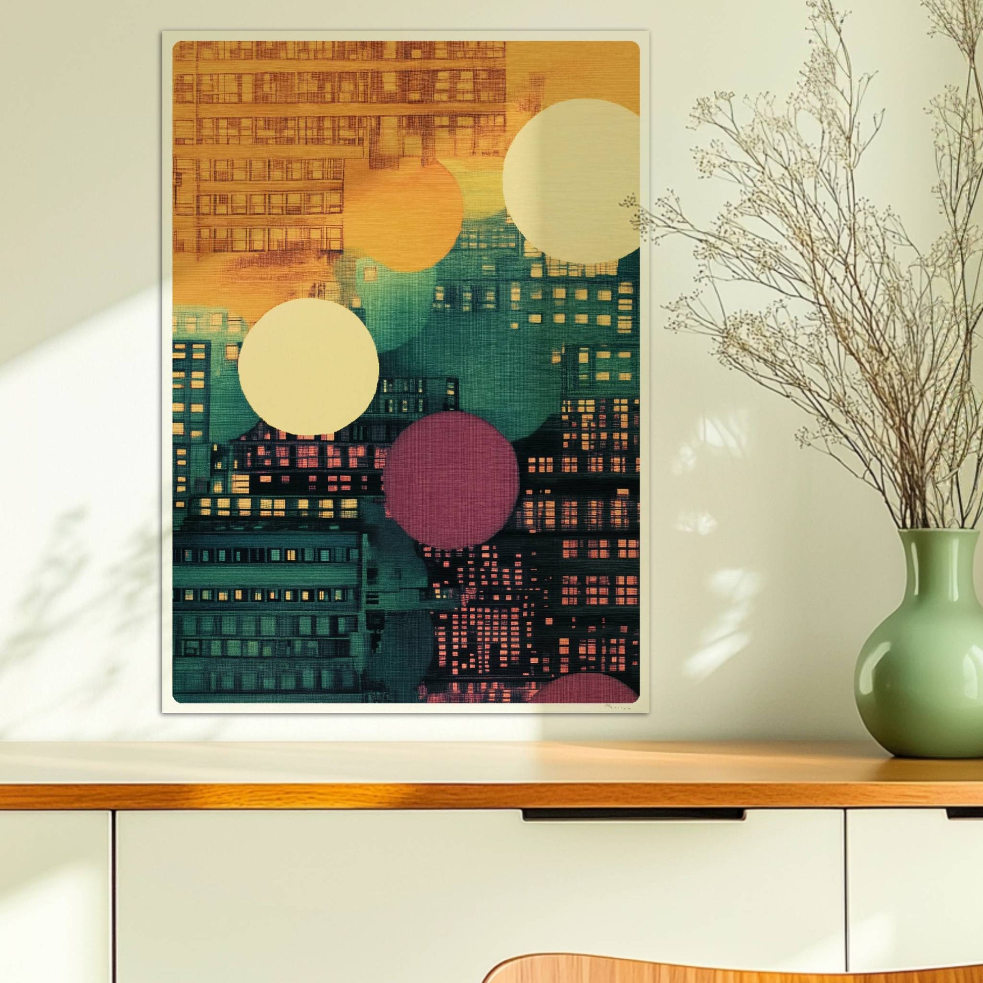 Abstraktes Stadtbild mit Punkten und Gebäudeformen in leuchtenden Farben. Ohne Rahmen 50x70