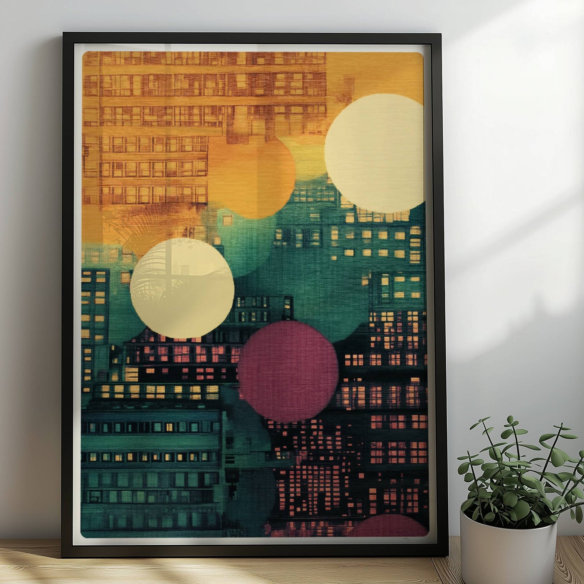 Abstraktes Stadtbild mit Punkten und Gebäudeformen in leuchtenden Farben. Rahmen schwarz 50x70