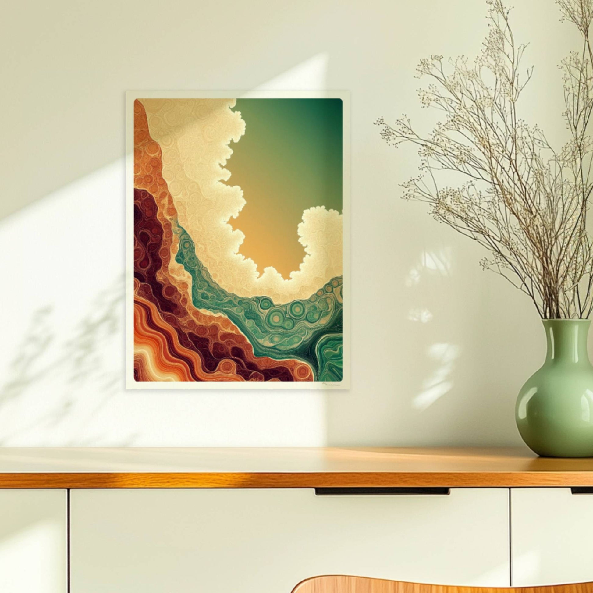 Abstrakte Topografie mit erdigen Wellenlinien und hellen organischen Konturen in Grün und Beige. Ohne Rahmen 30x40