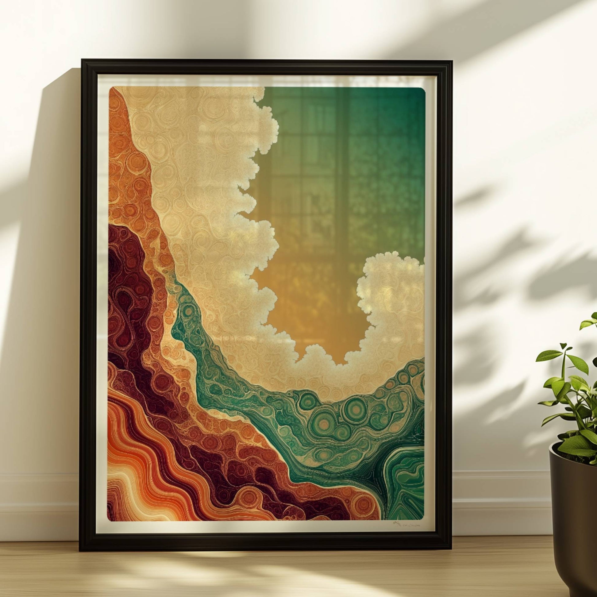 Abstrakte Topografie mit erdigen Wellenlinien und hellen organischen Konturen in Grün und Beige. Rahmen schwarz 30x40