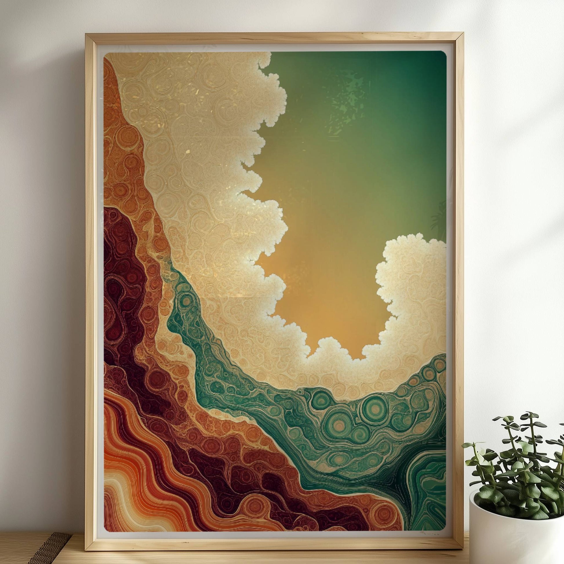 Abstrakte Topografie mit erdigen Wellenlinien und hellen organischen Konturen in Grün und Beige. Rahmen natur 50x70