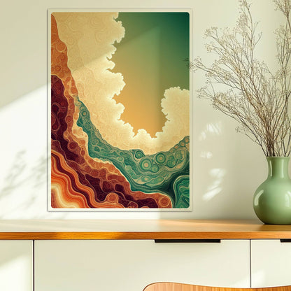Abstrakte Topografie mit erdigen Wellenlinien und hellen organischen Konturen in Grün und Beige. Ohne Rahmen 50x70