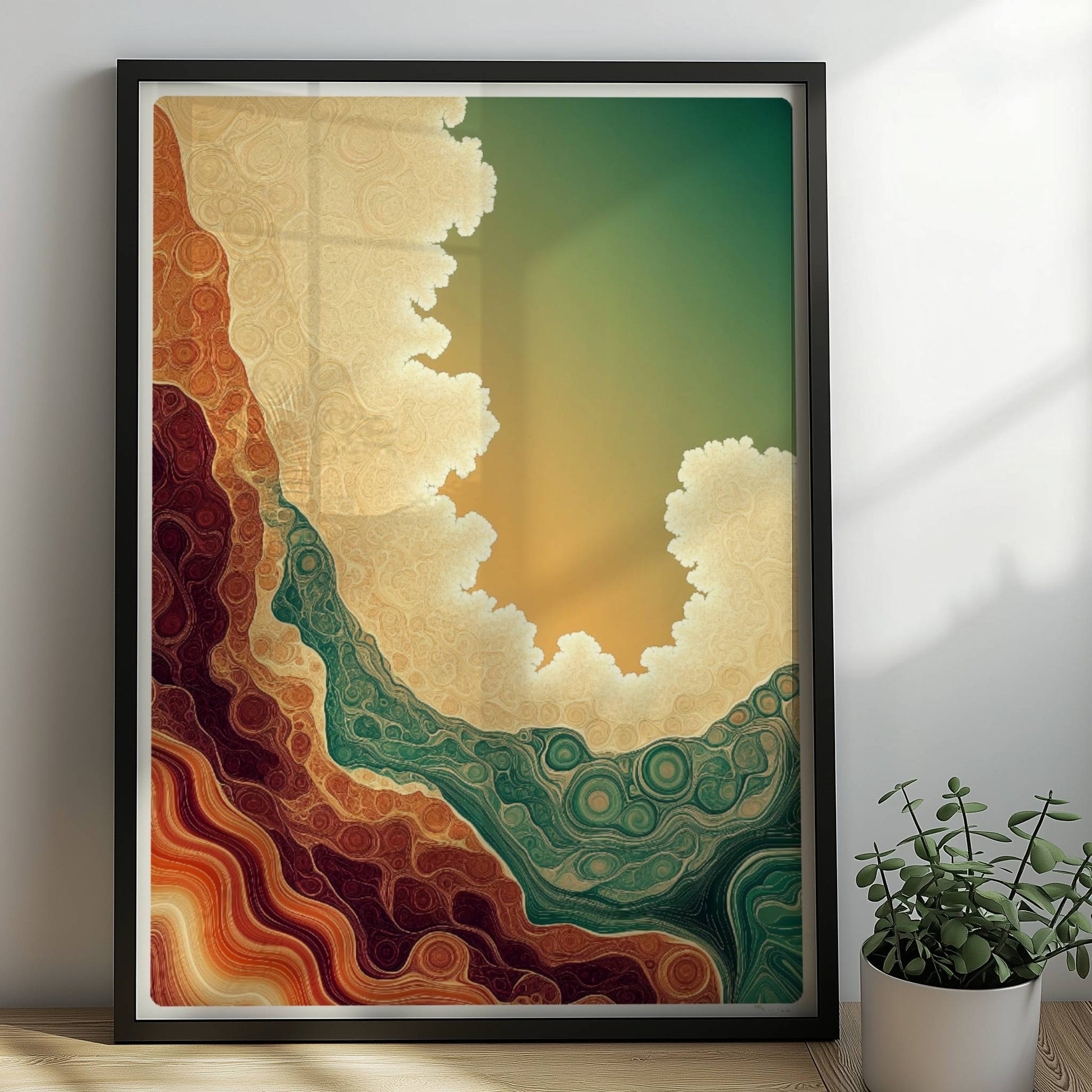 Abstrakte Topografie mit erdigen Wellenlinien und hellen organischen Konturen in Grün und Beige. Rahmen schwarz 50x70