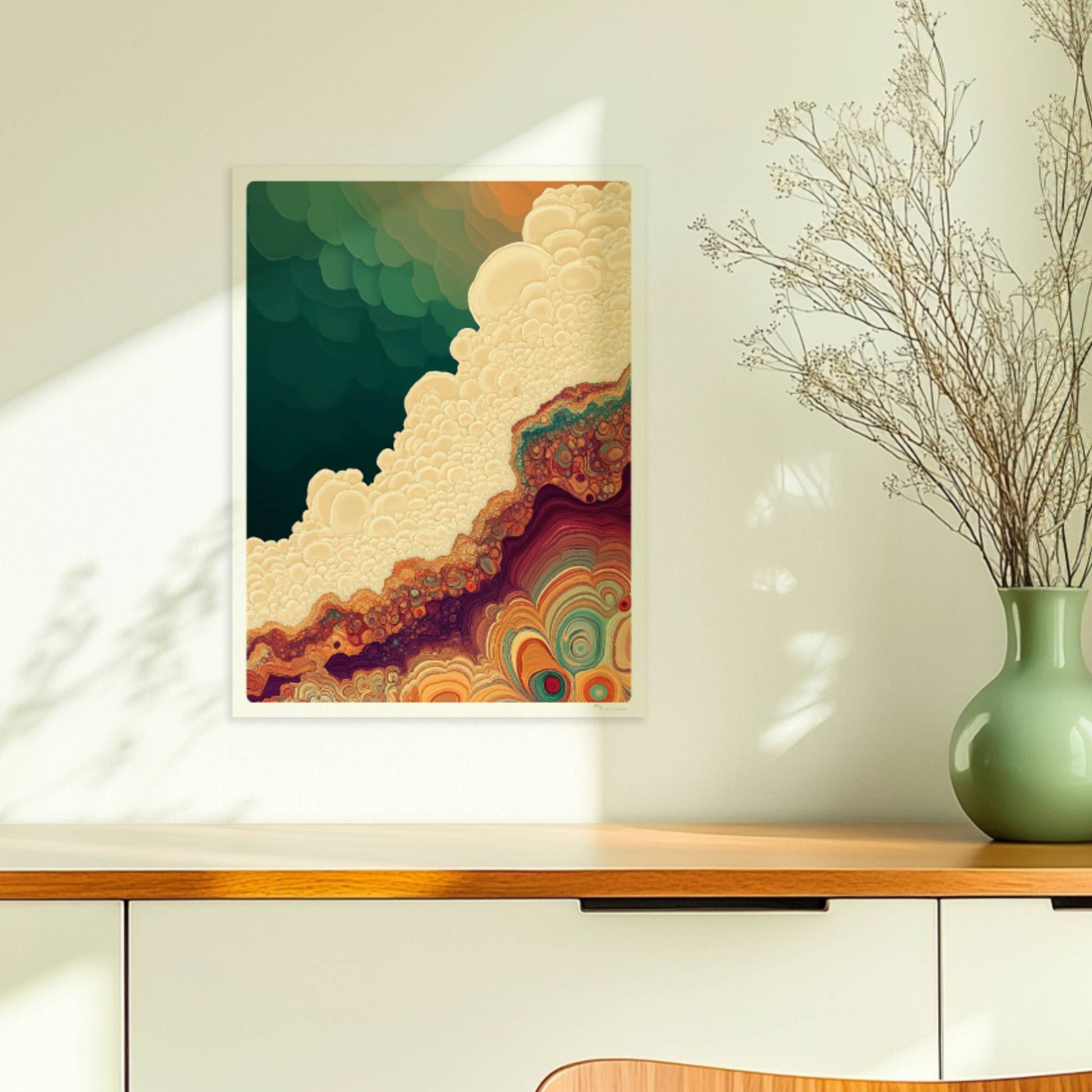 Abstrakte Kunst mit organischen Blasen, topografischen Linien und erdigen Farbverläufen in Grün, Beige und Orange.. Ohne Rahmen 30x40
