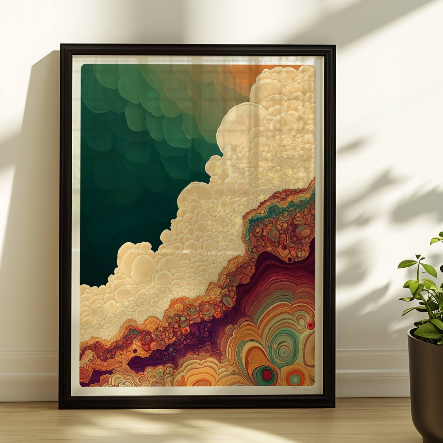 Abstrakte Kunst mit organischen Blasen, topografischen Linien und erdigen Farbverläufen in Grün, Beige und Orange.. Rahmen schwarz 30x40
