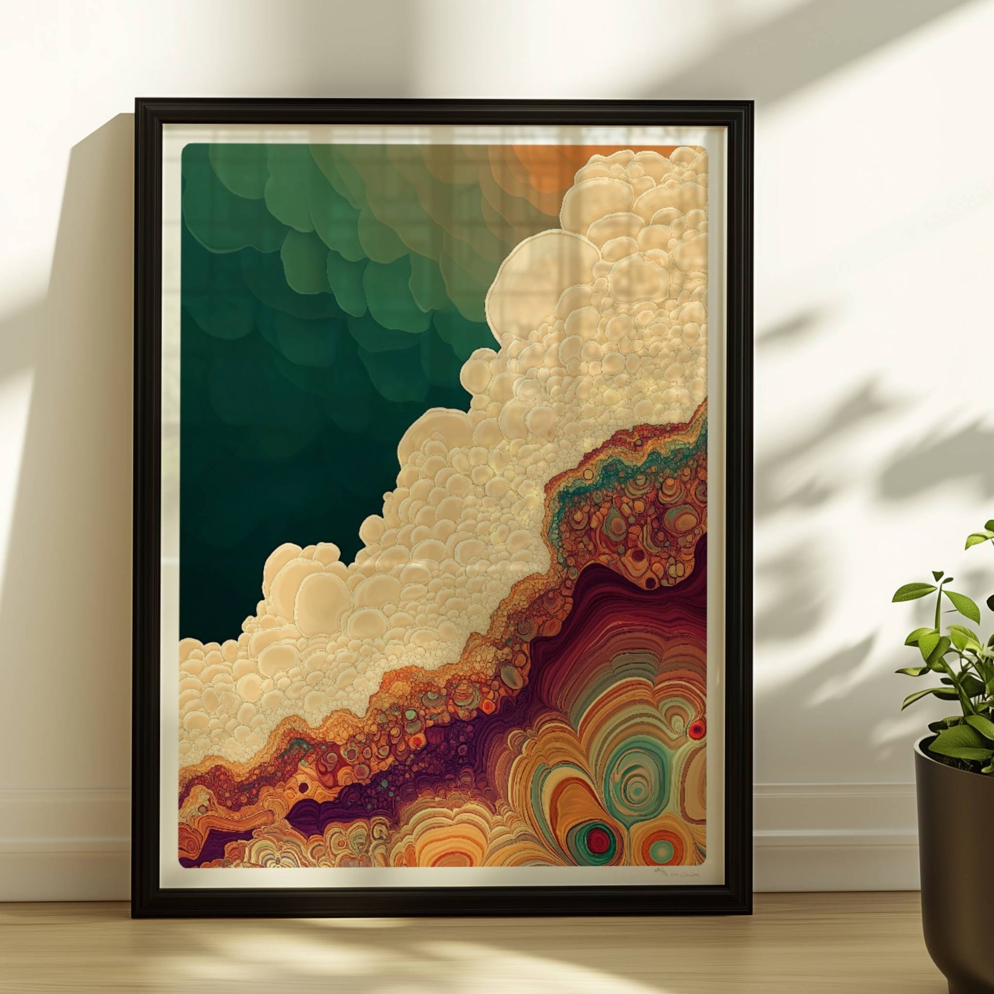 Abstrakte Kunst mit organischen Blasen, topografischen Linien und erdigen Farbverläufen in Grün, Beige und Orange.. Rahmen schwarz 30x40