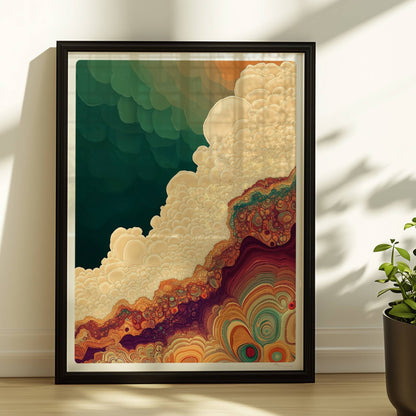 Abstrakte Kunst mit organischen Blasen, topografischen Linien und erdigen Farbverläufen in Grün, Beige und Orange.. Rahmen schwarz 30x40