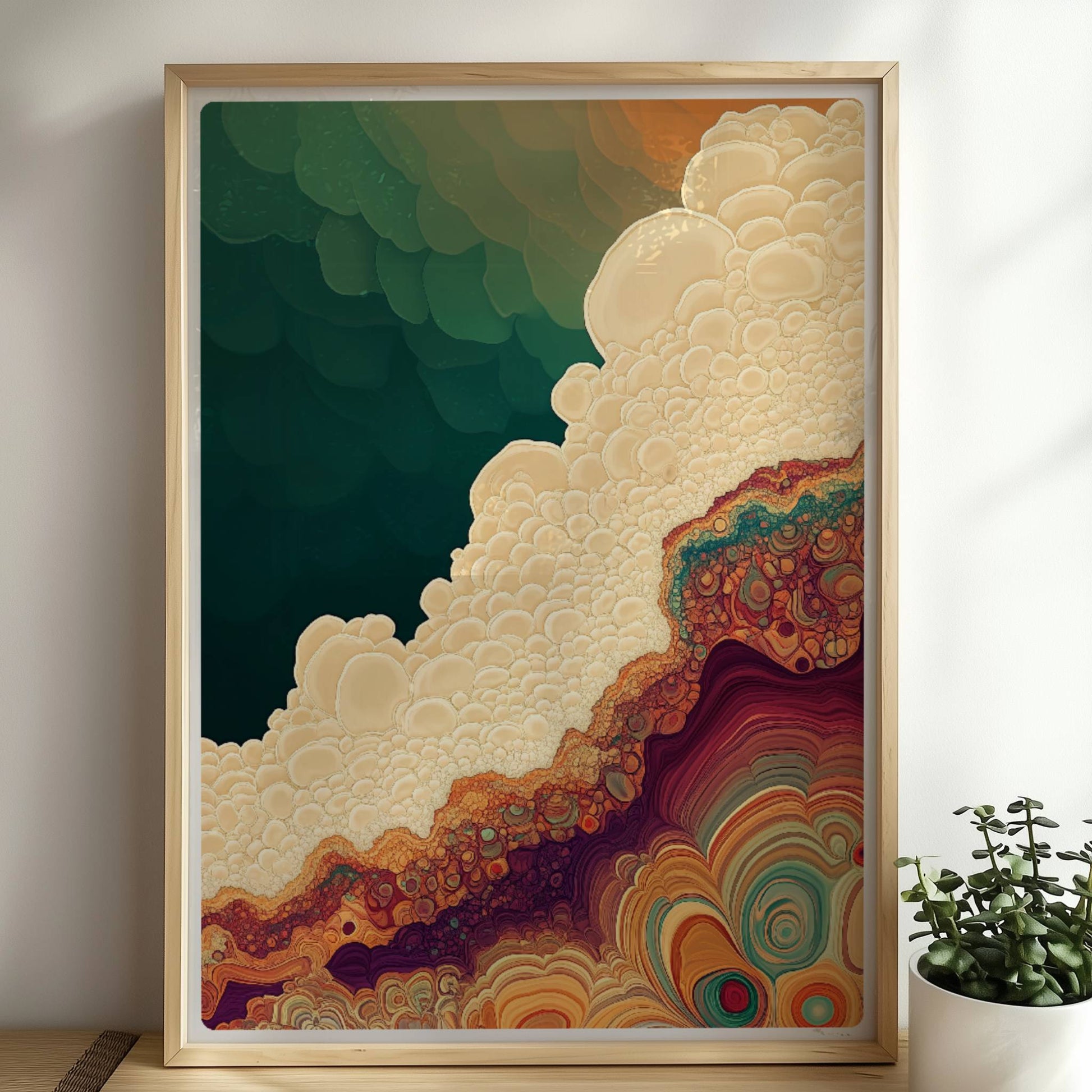 Abstrakte Kunst mit organischen Blasen, topografischen Linien und erdigen Farbverläufen in Grün, Beige und Orange.. Rahmen natur 50x70