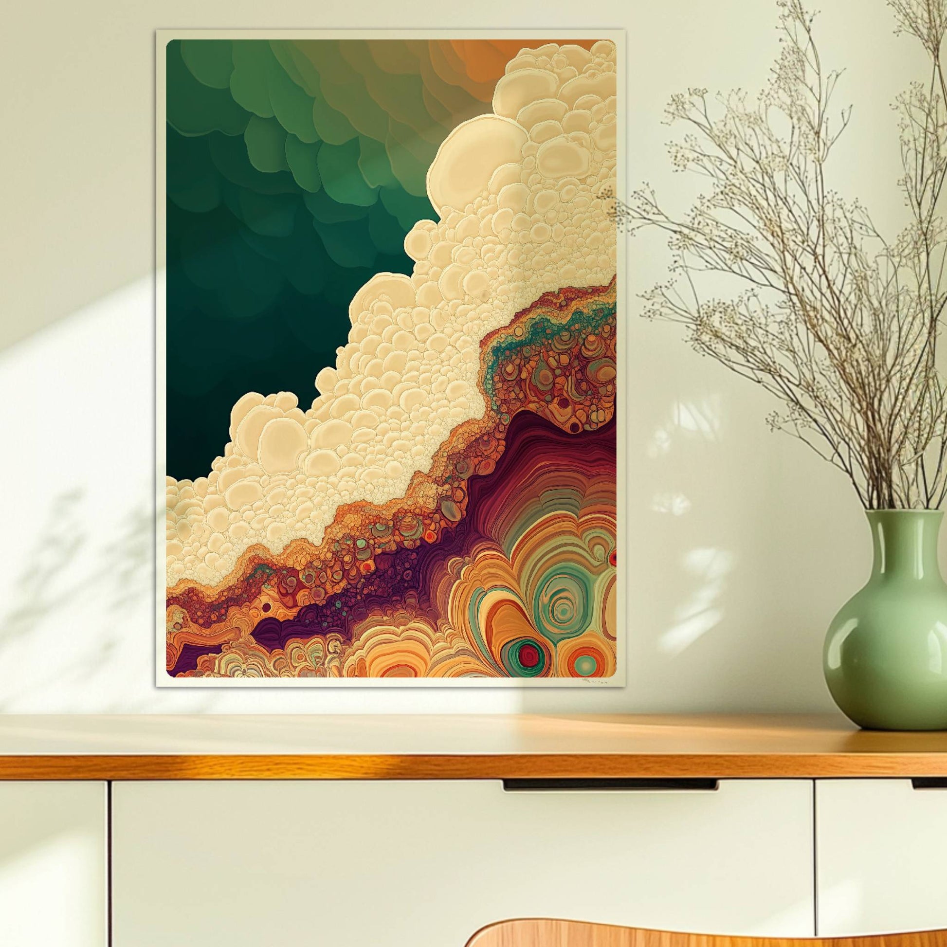 Abstrakte Kunst mit organischen Blasen, topografischen Linien und erdigen Farbverläufen in Grün, Beige und Orange.. Ohne Rahmen 50x70