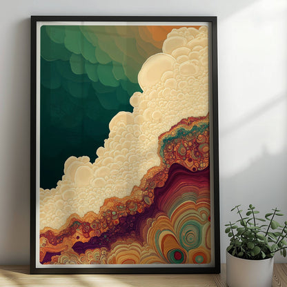 Abstrakte Kunst mit organischen Blasen, topografischen Linien und erdigen Farbverläufen in Grün, Beige und Orange.. Rahmen schwarz 50x70