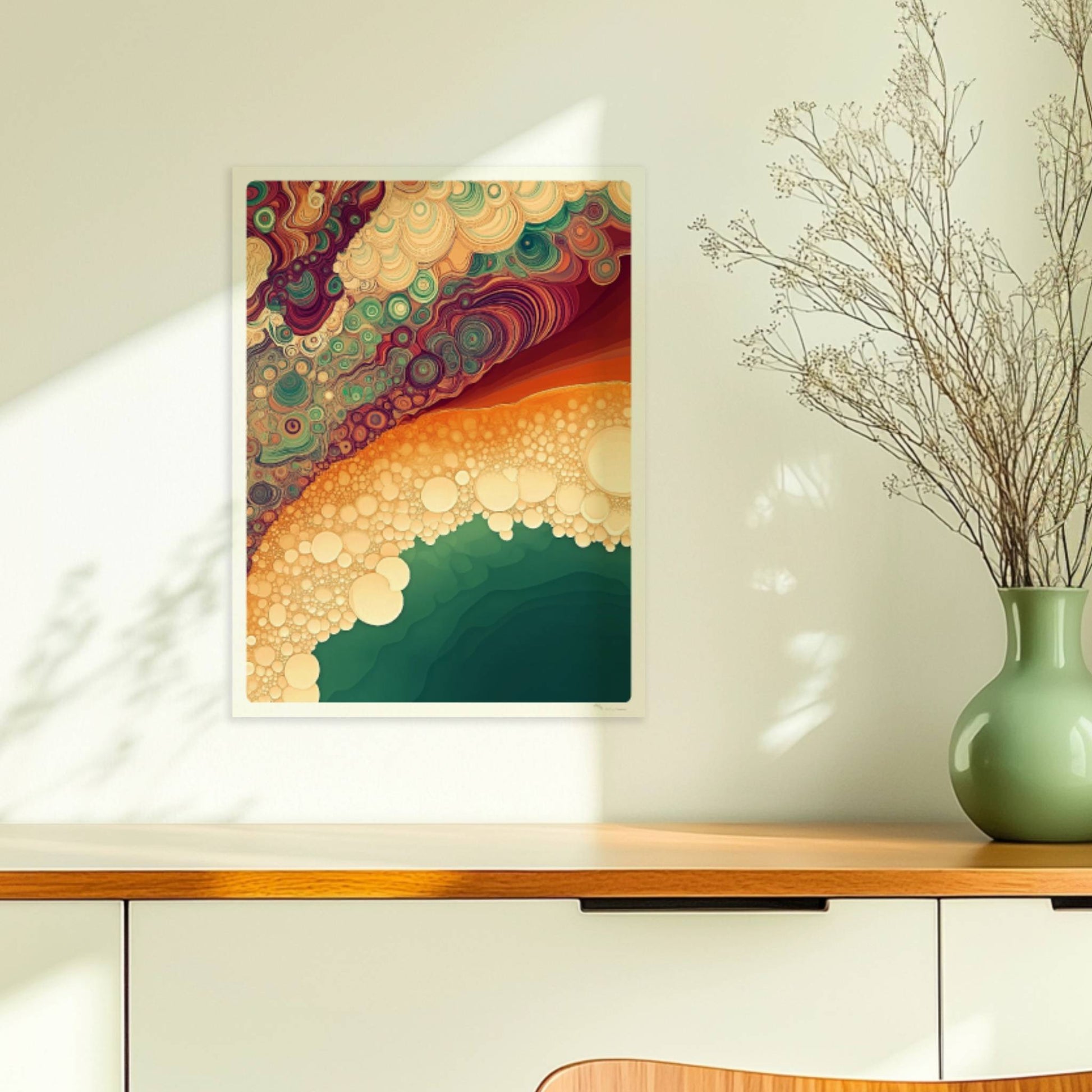 Abstrakte Kunst mit vielen organischen Blasenformen, topografischen Linien und Farbabstufungen in Türkis, Orange und Violett.. Ohne Rahmen 30x40