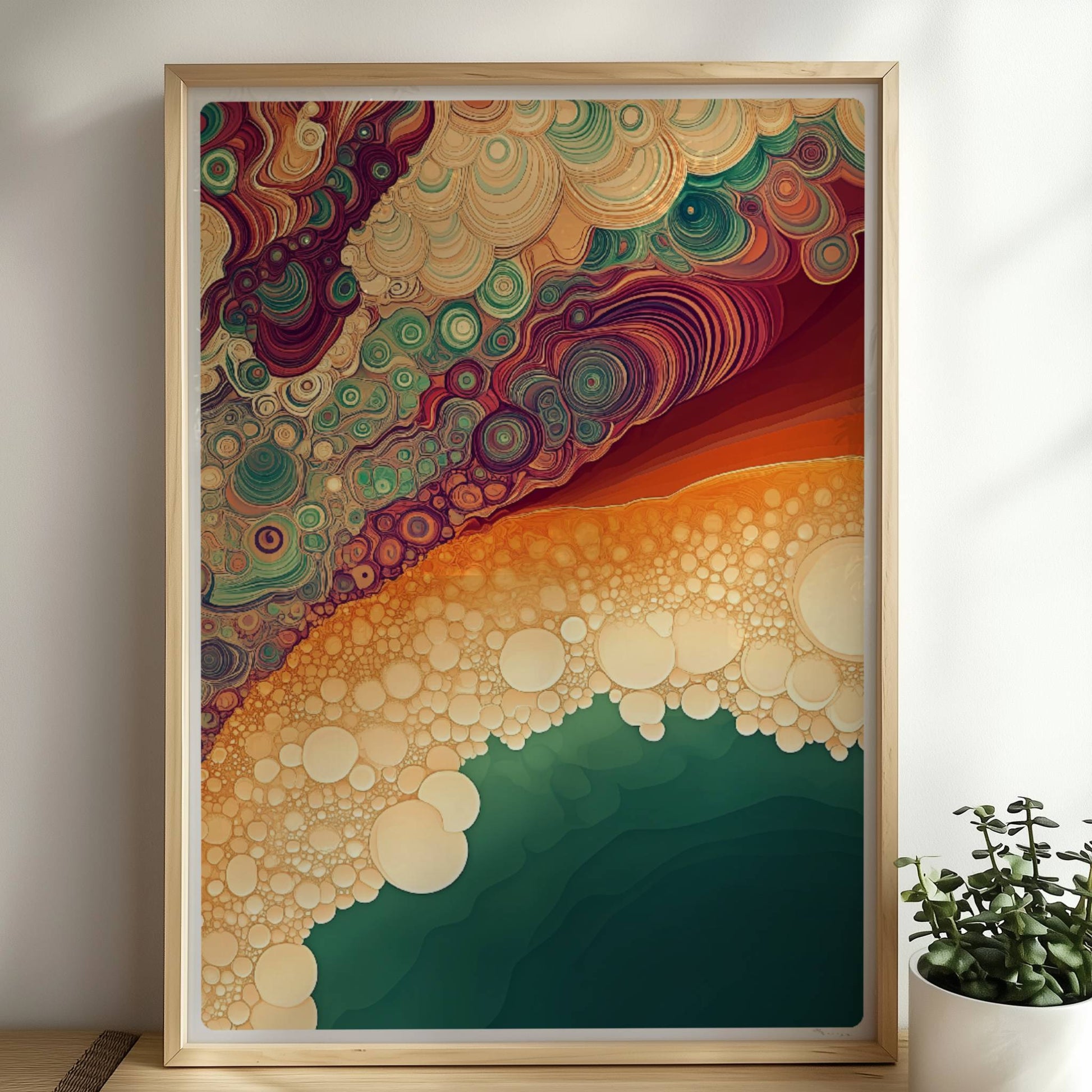 Abstrakte Kunst mit vielen organischen Blasenformen, topografischen Linien und Farbabstufungen in Türkis, Orange und Violett.. Rahmen natur 50x70