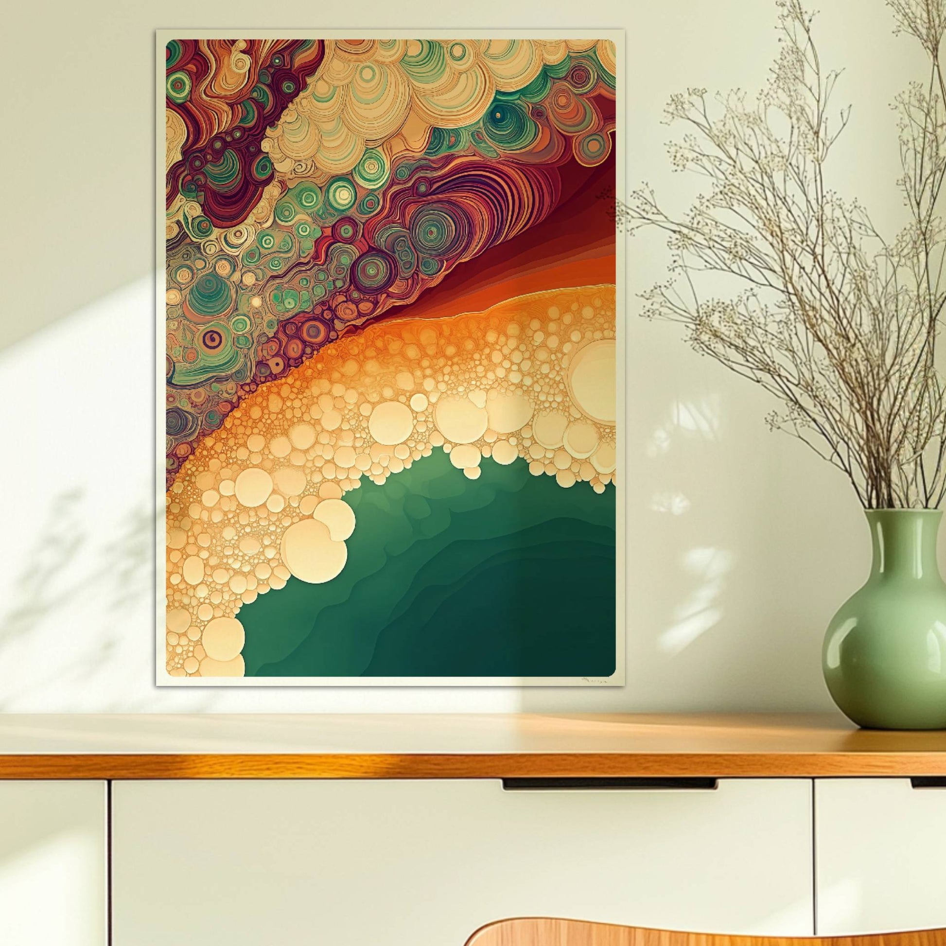 Abstrakte Kunst mit vielen organischen Blasenformen, topografischen Linien und Farbabstufungen in Türkis, Orange und Violett.. Ohne Rahmen 50x70