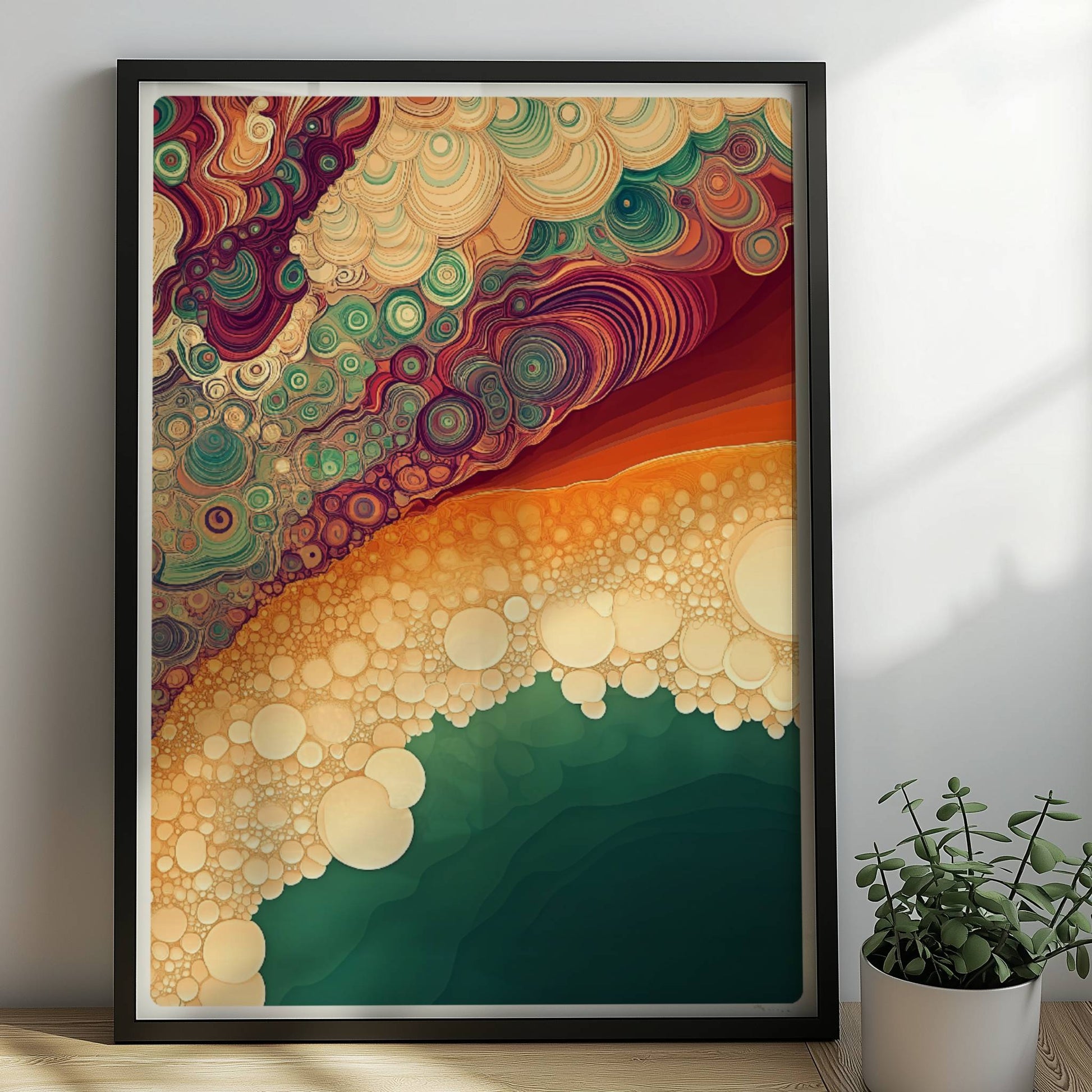 Abstrakte Kunst mit vielen organischen Blasenformen, topografischen Linien und Farbabstufungen in Türkis, Orange und Violett.. Rahmen schwarz 50x70
