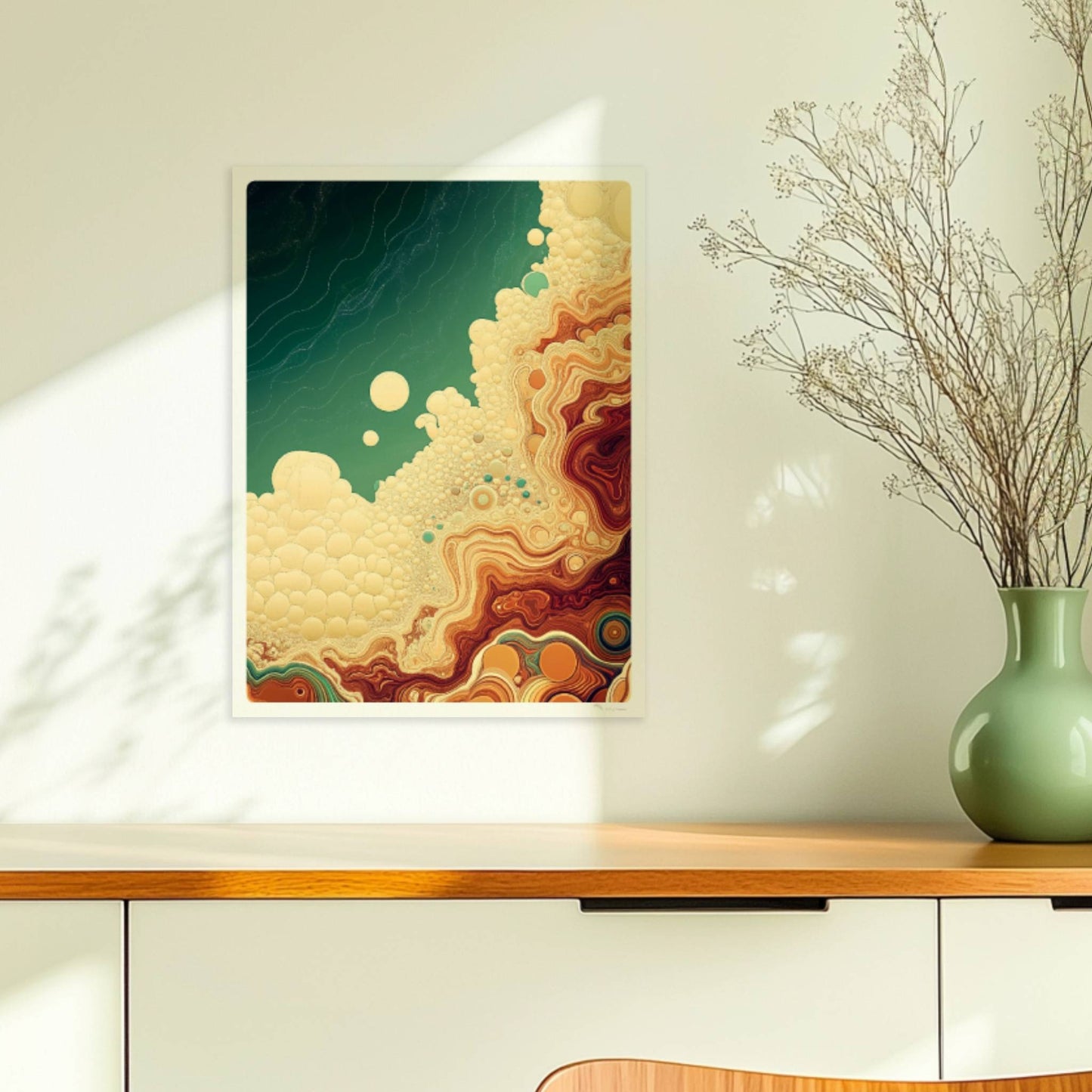 Farbkräftige abstrakte Kunst mit organischen Kreisen, geschwungenen Linien und türkis-braunen Farbverläufen, inspiriert von Natur und Geologie.. Ohne Rahmen 30x40