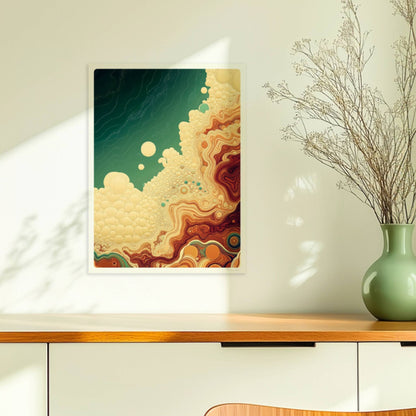 Farbkräftige abstrakte Kunst mit organischen Kreisen, geschwungenen Linien und türkis-braunen Farbverläufen, inspiriert von Natur und Geologie.. Ohne Rahmen 30x40