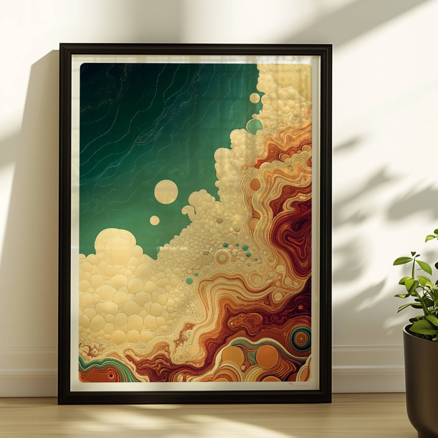 Farbkräftige abstrakte Kunst mit organischen Kreisen, geschwungenen Linien und türkis-braunen Farbverläufen, inspiriert von Natur und Geologie.. Rahmen schwarz 30x40