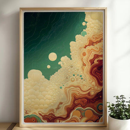 Farbkräftige abstrakte Kunst mit organischen Kreisen, geschwungenen Linien und türkis-braunen Farbverläufen, inspiriert von Natur und Geologie.. Rahmen natur 50x70