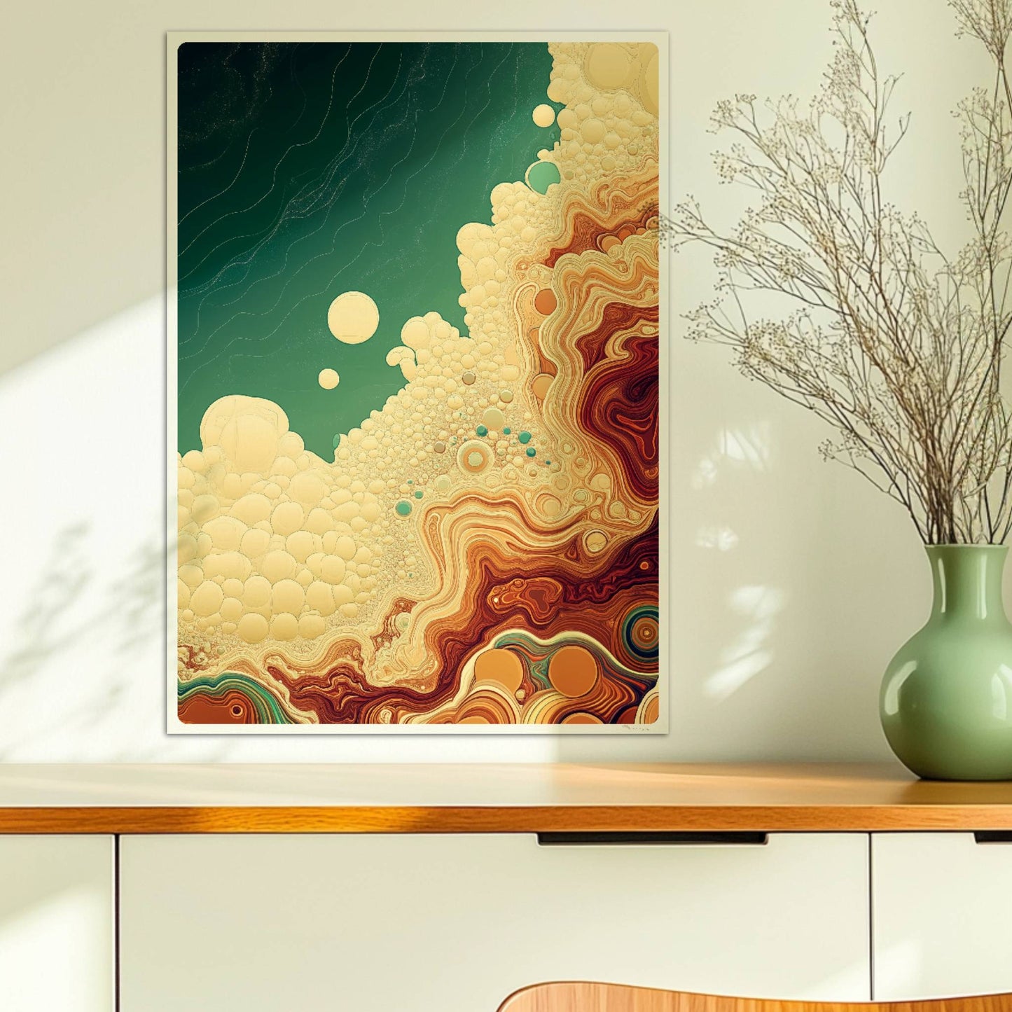Farbkräftige abstrakte Kunst mit organischen Kreisen, geschwungenen Linien und türkis-braunen Farbverläufen, inspiriert von Natur und Geologie.. Ohne Rahmen 50x70