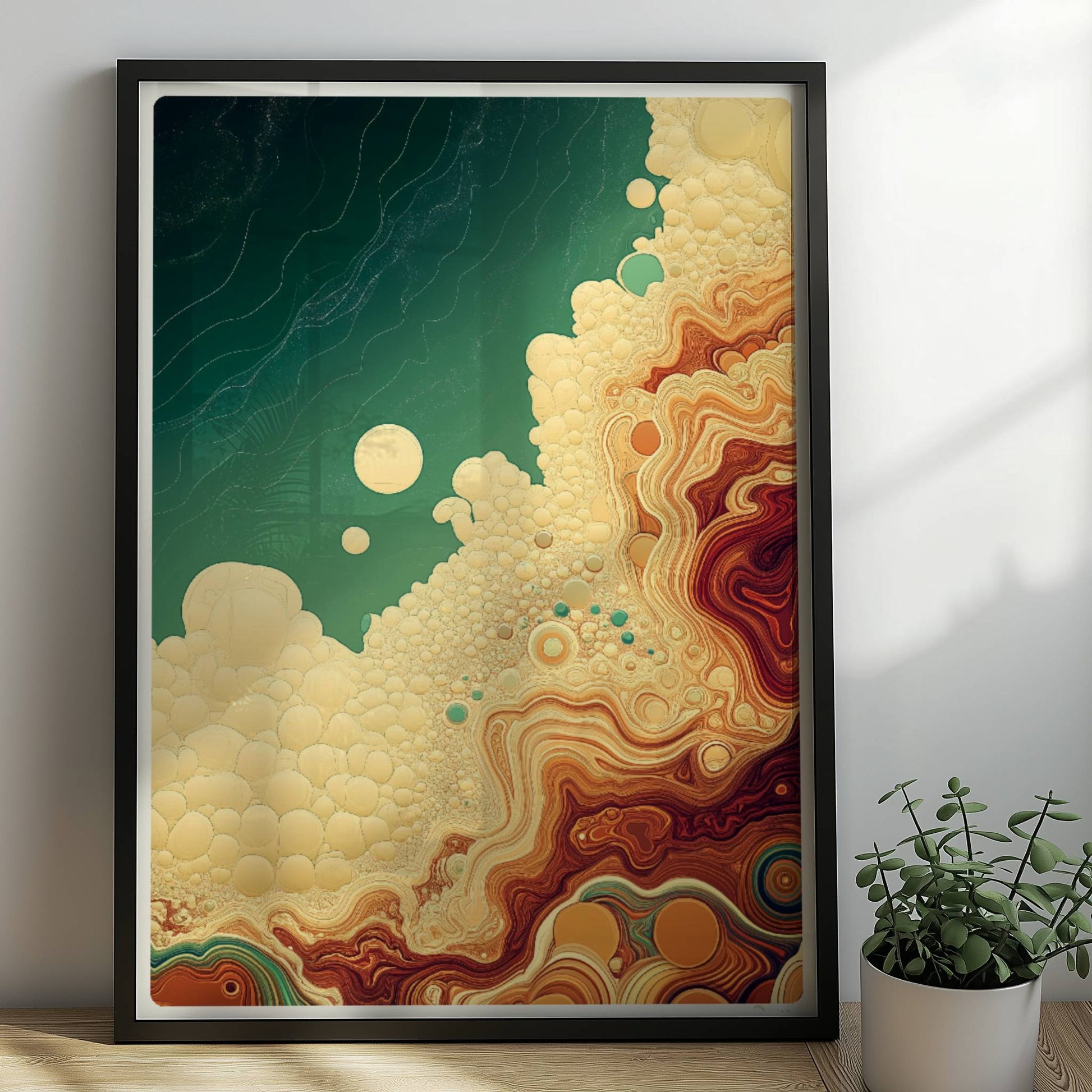 Farbkräftige abstrakte Kunst mit organischen Kreisen, geschwungenen Linien und türkis-braunen Farbverläufen, inspiriert von Natur und Geologie.. Rahmen schwarz 50x70