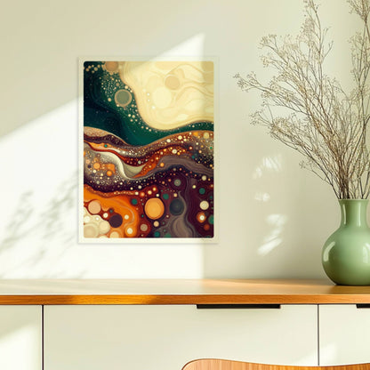 Abstrakte Landschaft mit wellenförmigen Linien, dynamischen Blasenstrukturen und warmen Farben – erinnert an farbige Erdschichten und Mineralien.. Ohne Rahmen 30x40
