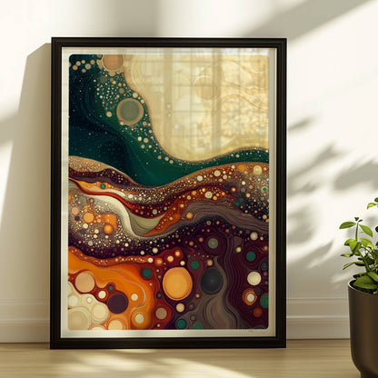 Abstrakte Landschaft mit wellenförmigen Linien, dynamischen Blasenstrukturen und warmen Farben – erinnert an farbige Erdschichten und Mineralien.. Rahmen schwarz 30x40