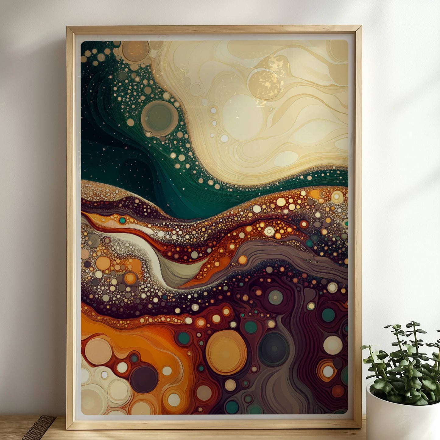 Abstrakte Landschaft mit wellenförmigen Linien, dynamischen Blasenstrukturen und warmen Farben – erinnert an farbige Erdschichten und Mineralien.. Rahmen natur 50x70