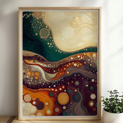 Abstrakte Landschaft mit wellenförmigen Linien, dynamischen Blasenstrukturen und warmen Farben – erinnert an farbige Erdschichten und Mineralien.. Rahmen natur 50x70