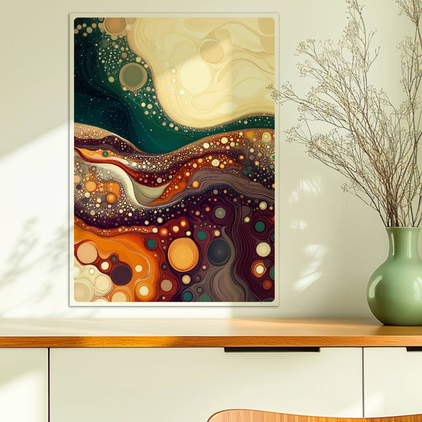 Abstrakte Landschaft mit wellenförmigen Linien, dynamischen Blasenstrukturen und warmen Farben – erinnert an farbige Erdschichten und Mineralien.. Ohne Rahmen 50x70