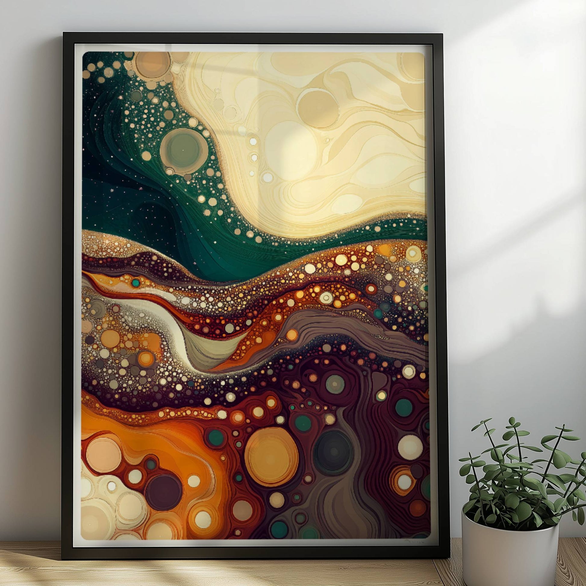 Abstrakte Landschaft mit wellenförmigen Linien, dynamischen Blasenstrukturen und warmen Farben – erinnert an farbige Erdschichten und Mineralien.. Rahmen schwarz 50x70