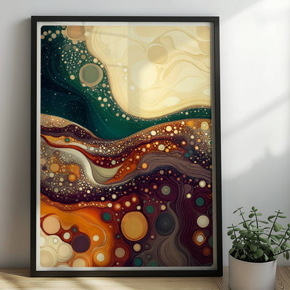 Abstrakte Landschaft mit wellenförmigen Linien, dynamischen Blasenstrukturen und warmen Farben – erinnert an farbige Erdschichten und Mineralien.. Rahmen schwarz 50x70