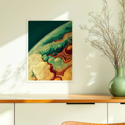 Detailreiche abstrakte Landschaft mit organischen Wellen, geschwungenen Linien und Blasenformen in Grüntönen, Ocker und Terrakotta.. Ohne Rahmen 30x40