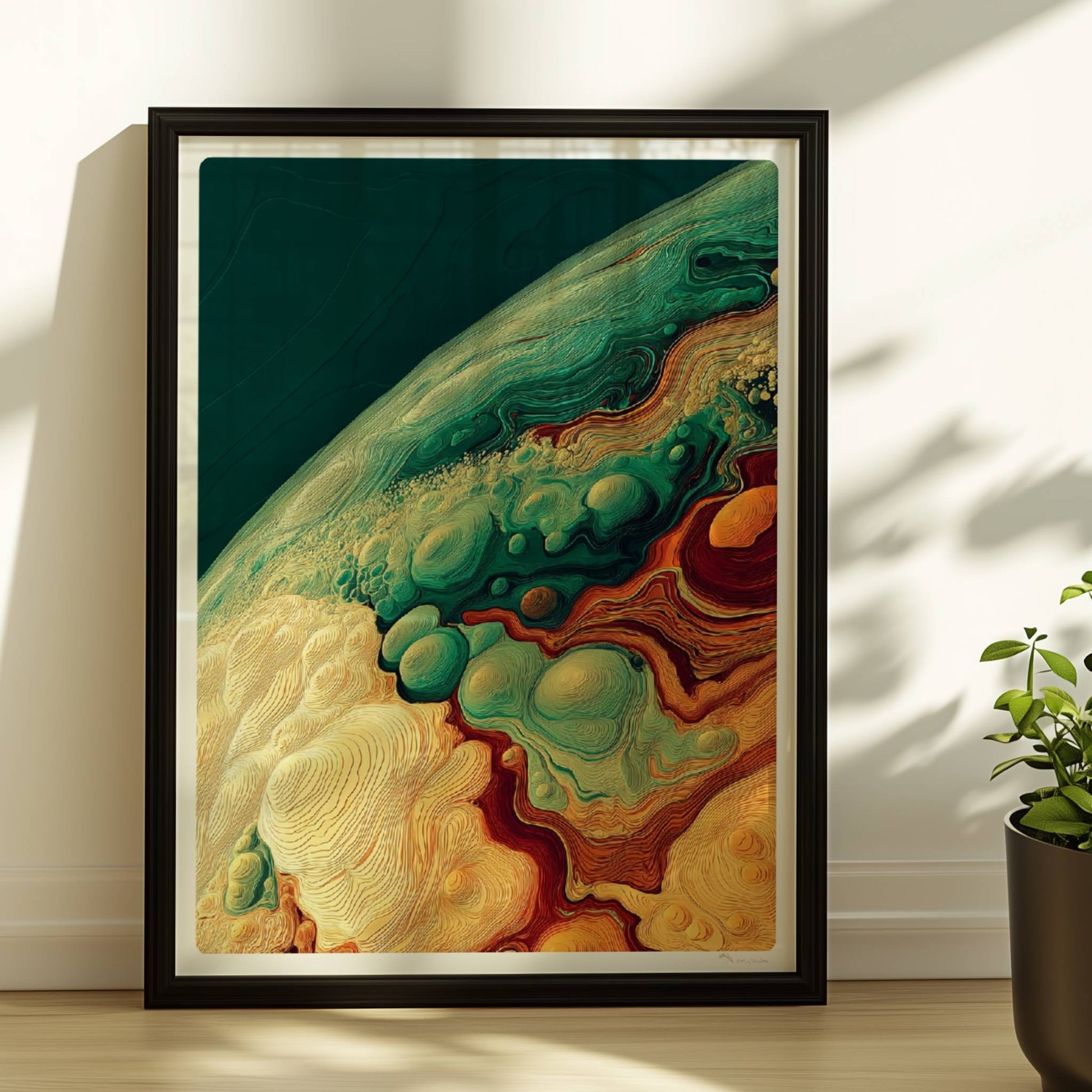 Detailreiche abstrakte Landschaft mit organischen Wellen, geschwungenen Linien und Blasenformen in Grüntönen, Ocker und Terrakotta.. Rahmen schwarz 30x40