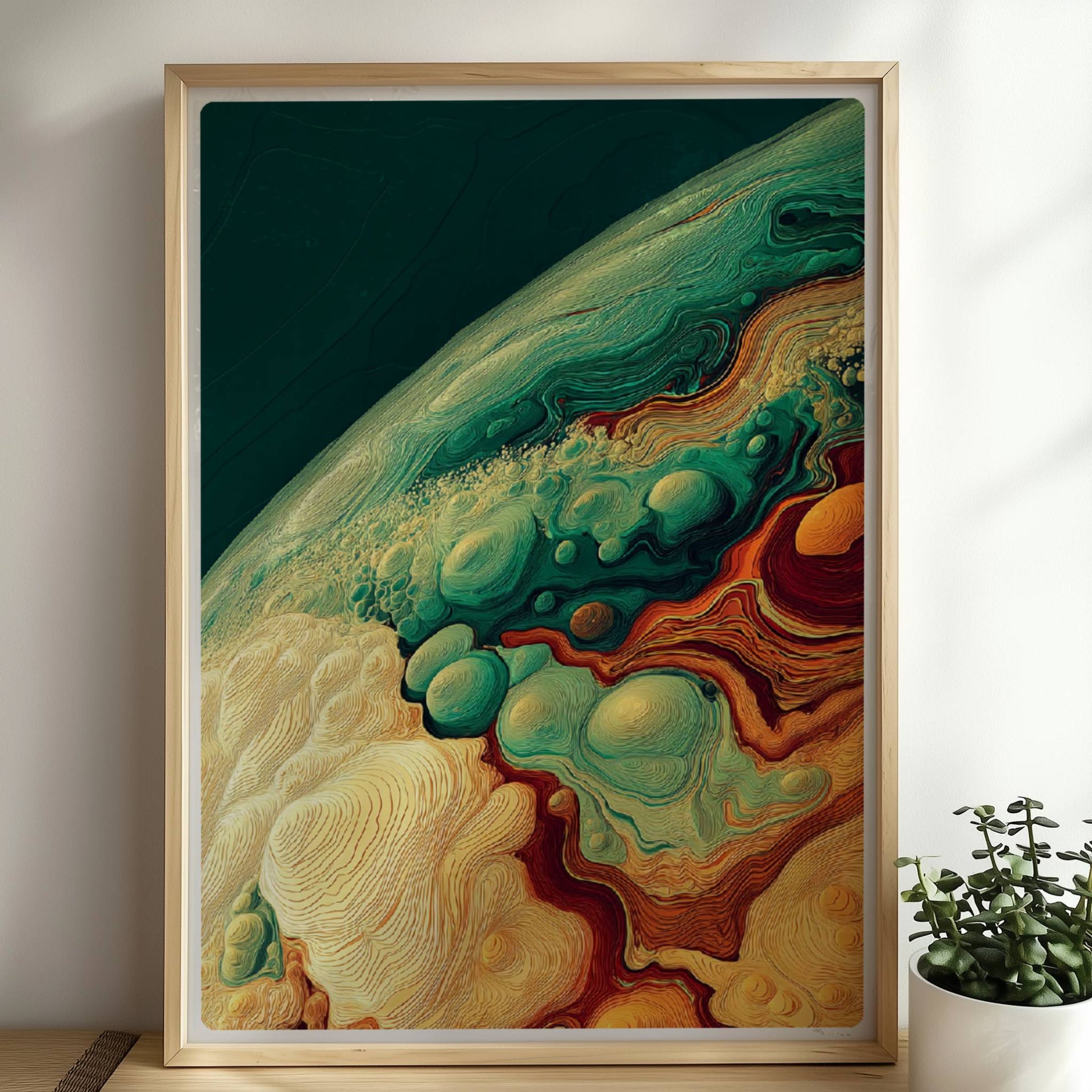 Detailreiche abstrakte Landschaft mit organischen Wellen, geschwungenen Linien und Blasenformen in Grüntönen, Ocker und Terrakotta.. Rahmen natur 50x70