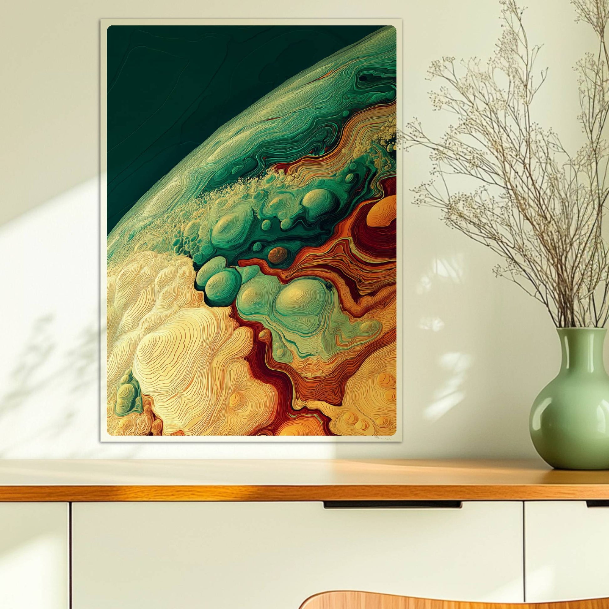 Detailreiche abstrakte Landschaft mit organischen Wellen, geschwungenen Linien und Blasenformen in Grüntönen, Ocker und Terrakotta.. Ohne Rahmen 50x70