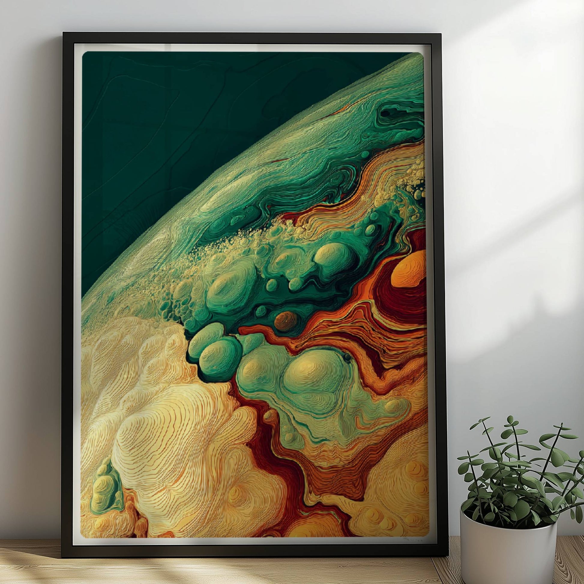 Detailreiche abstrakte Landschaft mit organischen Wellen, geschwungenen Linien und Blasenformen in Grüntönen, Ocker und Terrakotta.. Rahmen schwarz 50x70