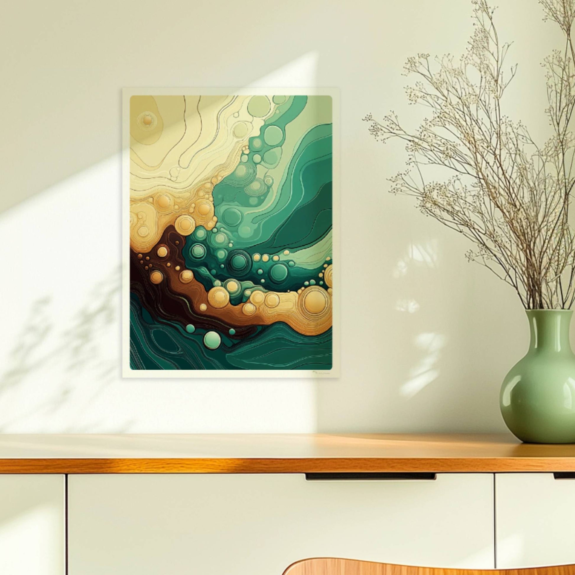 Abstrakte Wellenlandschaft mit dynamischen Linien, runden Blasenformen und fließenden Grüntönen, Gelb und Braun.. Ohne Rahmen 30x40