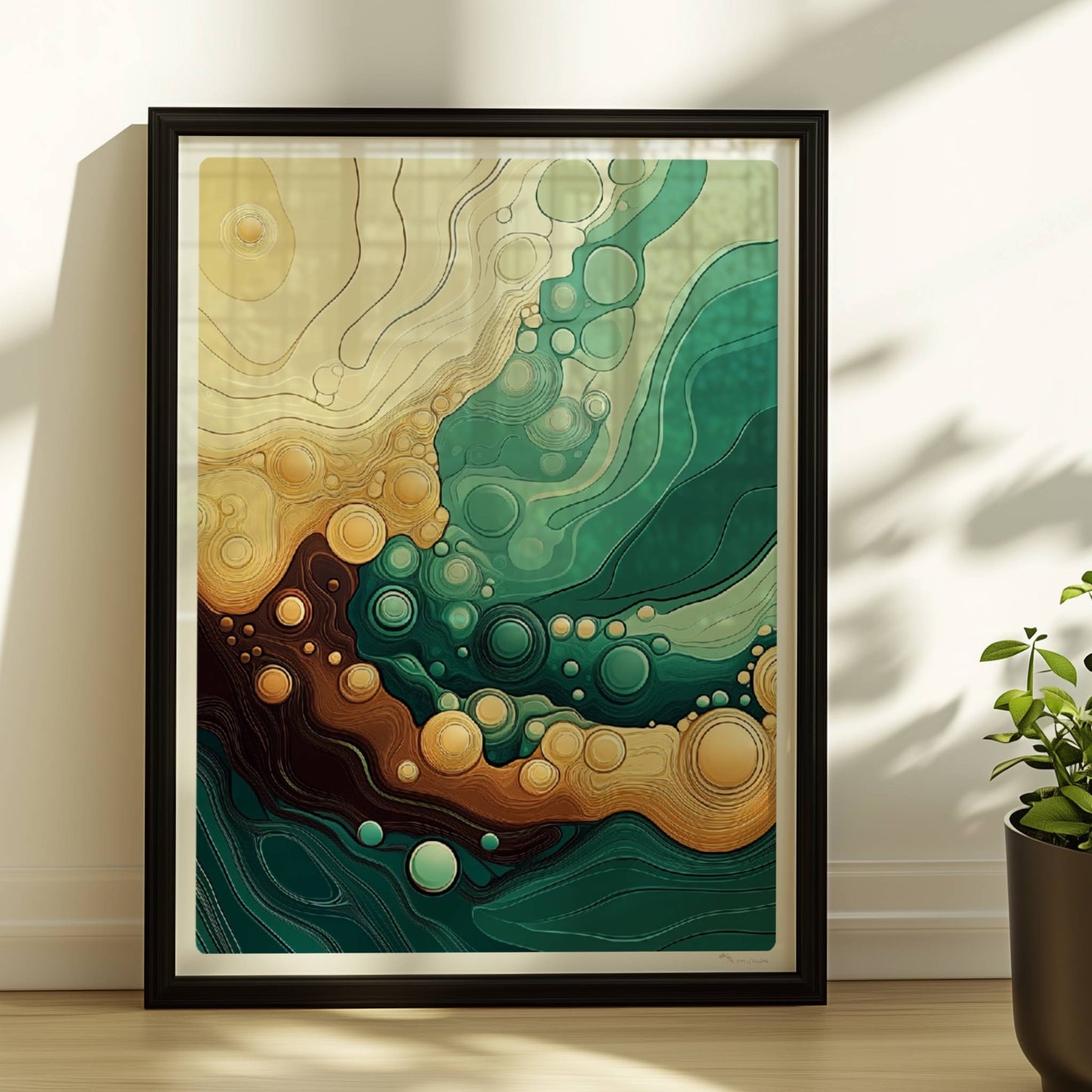 Abstrakte Wellenlandschaft mit dynamischen Linien, runden Blasenformen und fließenden Grüntönen, Gelb und Braun.. Rahmen schwarz 30x40
