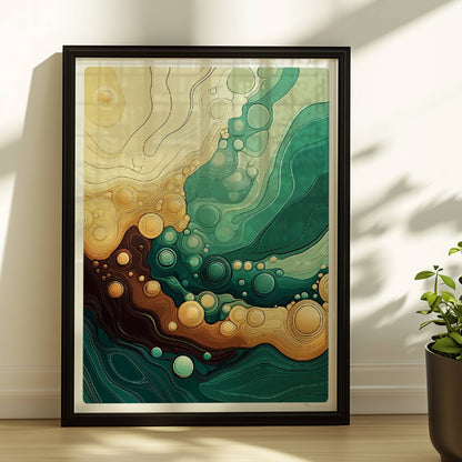 Abstrakte Wellenlandschaft mit dynamischen Linien, runden Blasenformen und fließenden Grüntönen, Gelb und Braun.. Rahmen schwarz 30x40