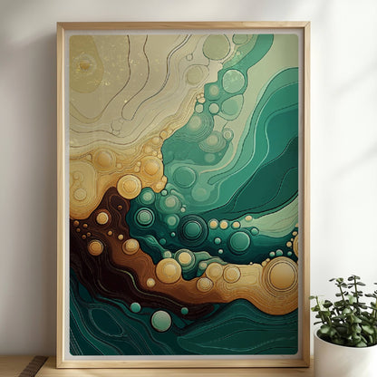 Abstrakte Wellenlandschaft mit dynamischen Linien, runden Blasenformen und fließenden Grüntönen, Gelb und Braun.. Rahmen natur 50x70