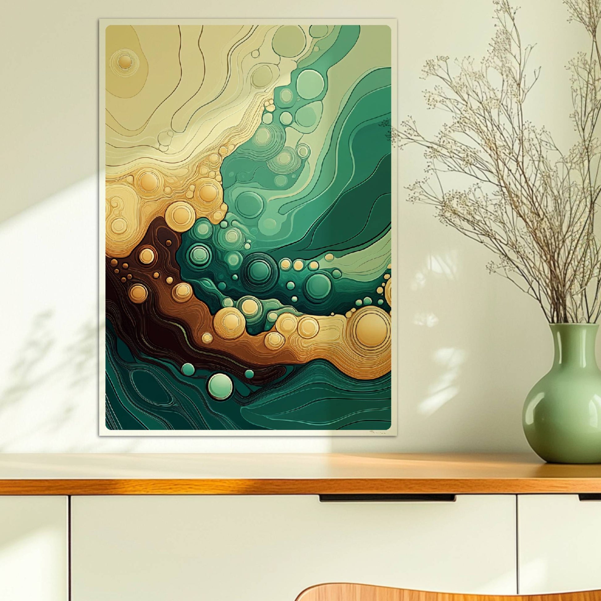 Abstrakte Wellenlandschaft mit dynamischen Linien, runden Blasenformen und fließenden Grüntönen, Gelb und Braun.. Ohne Rahmen 50x70