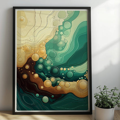 Abstrakte Wellenlandschaft mit dynamischen Linien, runden Blasenformen und fließenden Grüntönen, Gelb und Braun.. Rahmen schwarz 50x70